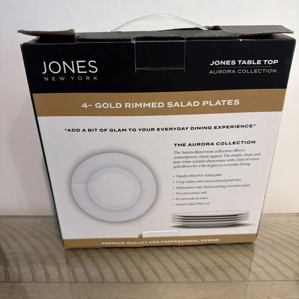 Jones New York Aurora salad Plates Gold Trim White 8.5
